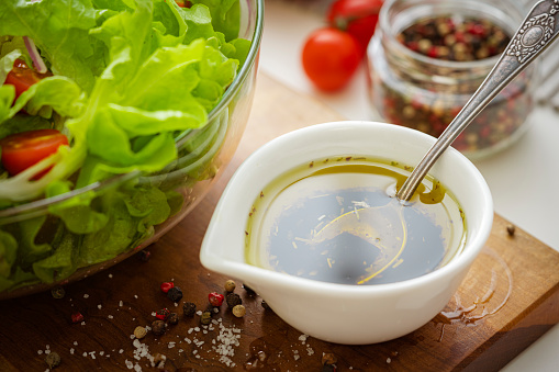 Homemade salad dressing in a small bowl