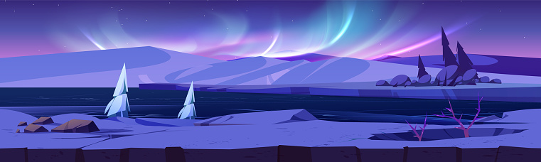 Northern winter landscape with snow covered and frozen icy river, mountains, trees and aurora borealis in sky. Cartoon vector illustration of night polar panorama. Arctic twilight skyline scenery.