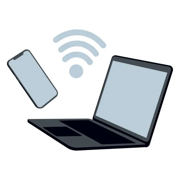 Vector illustration of Laptop and mobile phone with wi-fi symbol. Wireless technology devices concept.