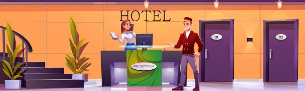 Vector illustration of Hotel reception lobby with staff in uniform