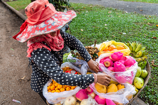 Cambodian woman selling fresh fruits directly from her motorbike, Siem Reap, Cambodia