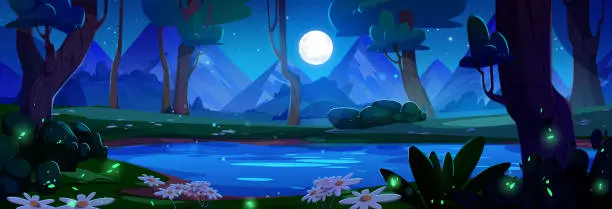 Vector illustration of Lake in forest night cartoon background.