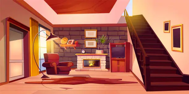 Vector illustration of Living room with fireplace, armchair and carpet