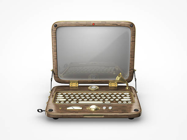 Old vintage laptop front view of an old vintage steam punk laptop monitor lizard stock pictures, royalty-free photos & images