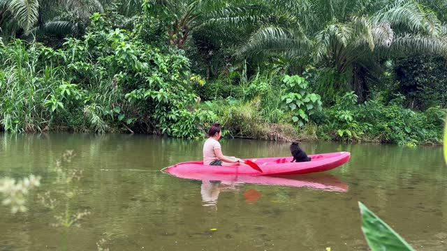 Woman kayaking in river with pomeranian dog