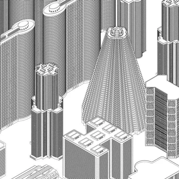 Vector illustration of City buildings skyline of metropolitan outline. Town skyline line art vector illustration. Abstract modern urban landscape drawing background, architecture building construction perspective design. 3D