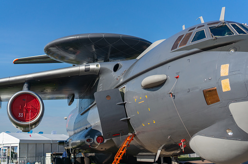 Soviet and Russian airborne early warning and control aircraft A-50 (according to NATO codification: Mainstay) at static parking lot MAKS-2013. Close-up. Zhukovsky, Russia - August 28, 2013