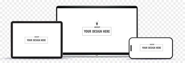 Vector illustration of Laptop Computer, Mobile Phone and Tablet PC Vector Mockup Illustration. Digital devices with horizontal screens isolated on transparent background.