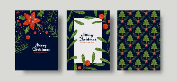 Vector illustration of Merry Christmas and Happy New Year Set of watercolor backgrounds, greeting cards, posters, holiday covers.