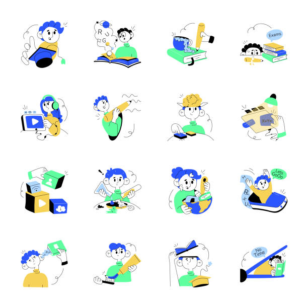Handy Set of Study Hand Drawn Illustrations Display the world of knowledge with our animated education illustration set. From online education struggles to exam stress and the determination to study hard, explore character designs that vividly portray the essence of academic life. tea cup ride stock illustrations
