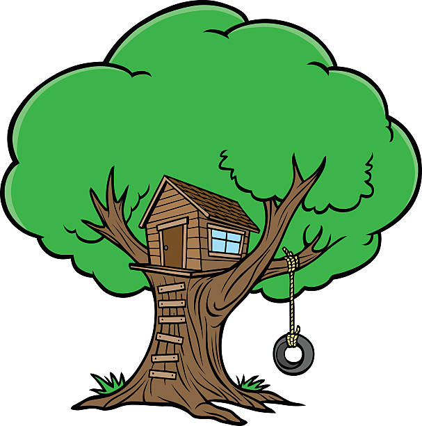 Cartoon depiction of tree house with tire swing Tree House tire swing stock illustrations