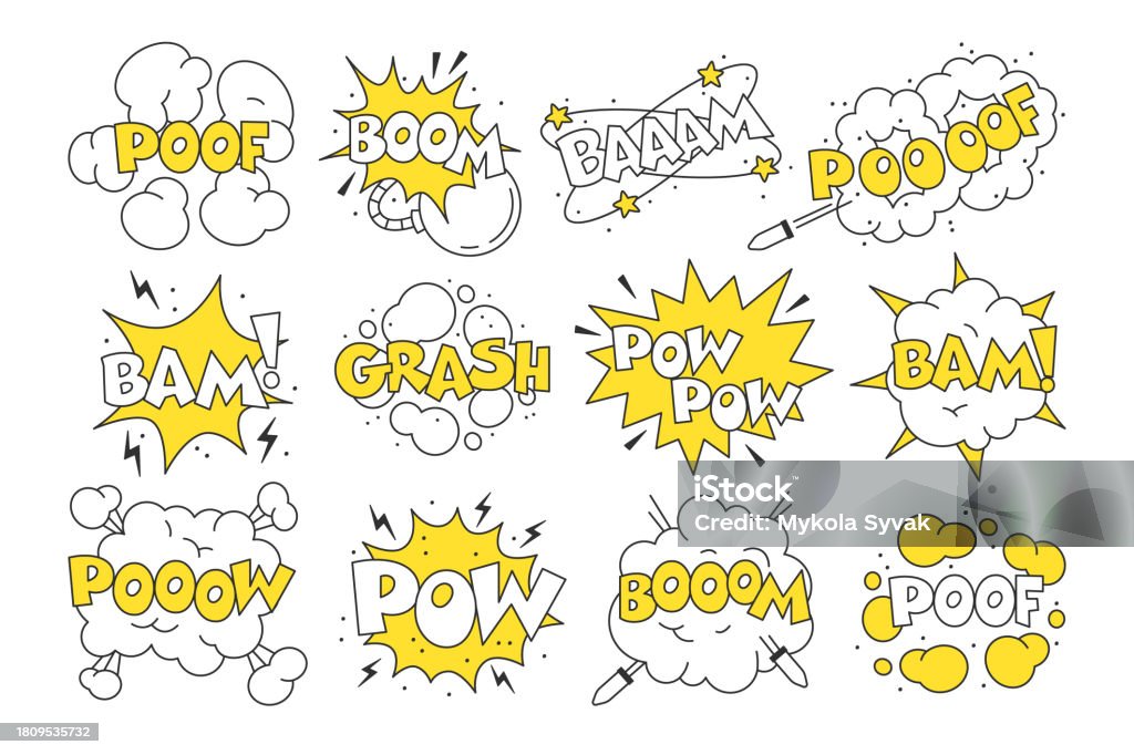 Comic Lettering Blasts Comic Book Explosion Retro Frame With Different Funny Lettering And ...