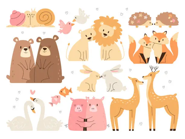 Vector illustration of Cute loving couple wild forest, zoo or farm animal cartoon character hugging and kissing set