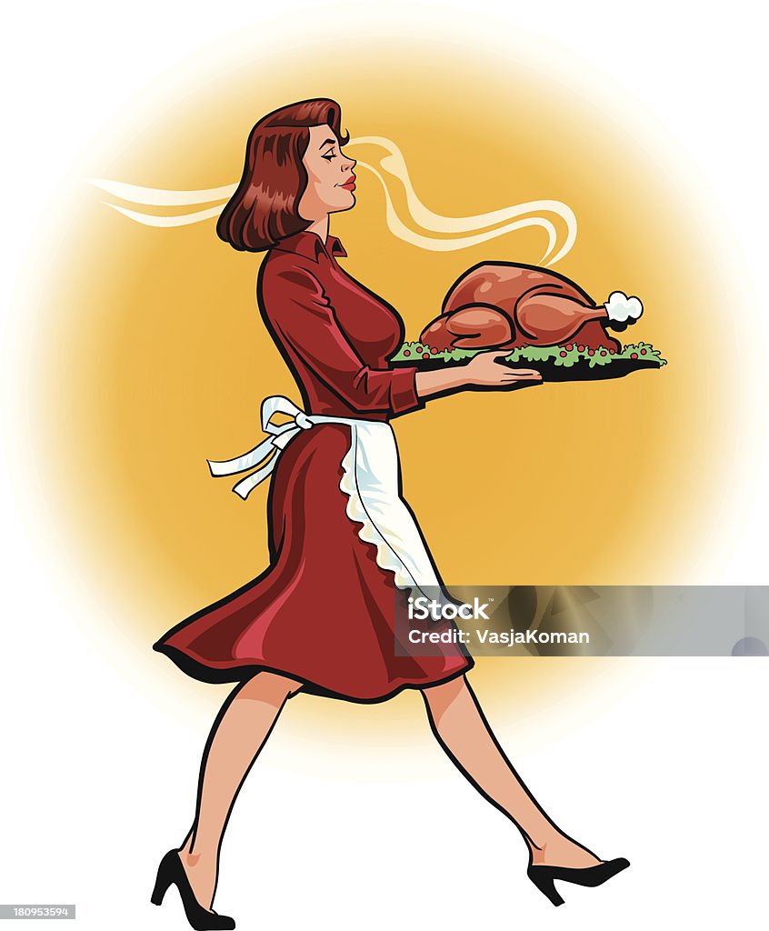 Woman Carrying Big Fat Roasted Turkey Images are placed on separate layers. Background easy to remove if needed. Dinner stock vector
