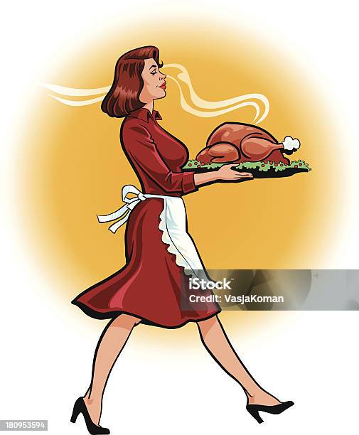 Woman Carrying Big Fat Roasted Turkey Stock Illustration - Download Image Now - Dinner, One Woman Only, Only Women
