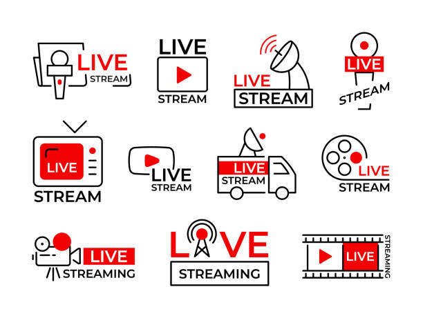 Live streaming online broadcasting red black line icon set vector illustration vector art illustration