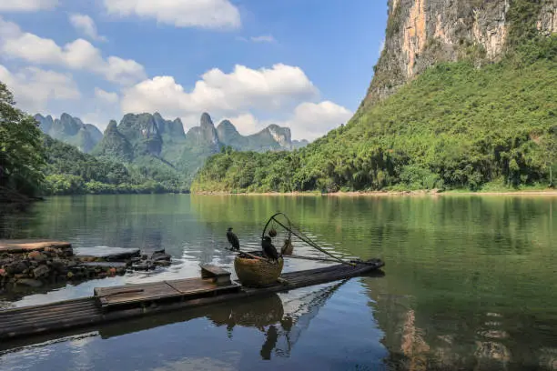 Photo of Landscape of karsten mountain along the Li River in Guilin with a bamboo raft and two comorants