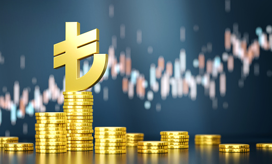 International business finance currency coins for global financial exchange dollar, euro, pound, yen on stock market background with digital cash. 3D rendering.