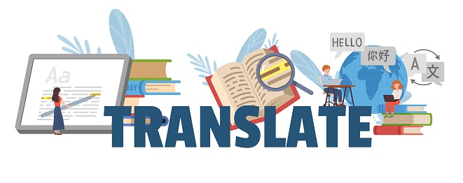 Translator and translation service concept. Computer technologies, books, magnifying glass, world map and Search app. Multilanguage translator using dictionary. Vector banner with header