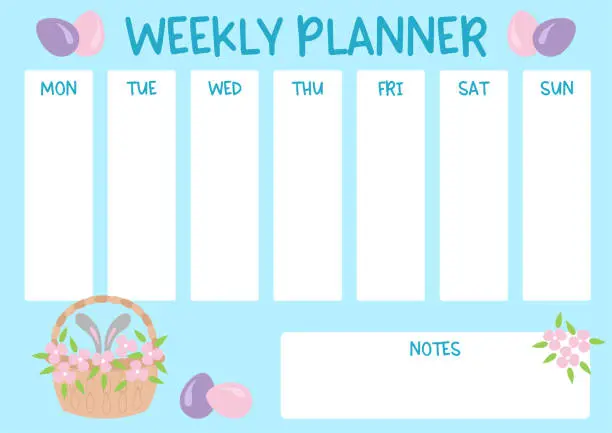 Vector illustration of Weekly planner for kids with cute bunny ears in a basket, flowers and eggs. Easter theme school timetable. Class schedule for students.