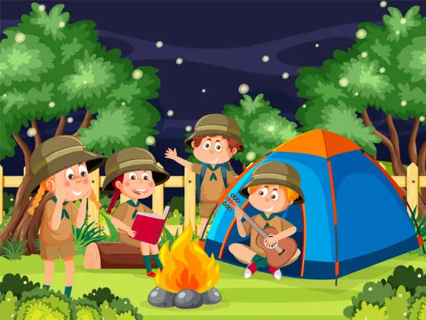 Vector illustration of Boy and girl camping at forest