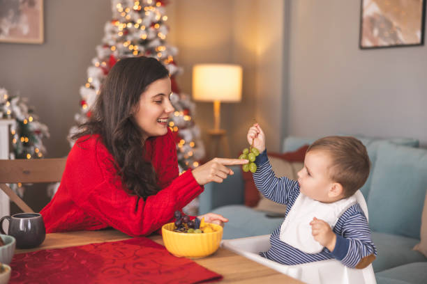 Toddler having fruit snack on Christmas day at home Young mother having fun spending Chritmas day at home with her cute little baby boy, sitting at table giving toddler a healthy fruit snack feeding grapes stock pictures, royalty-free photos & images