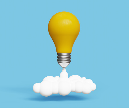 3D start up concept. Vision, future, success, innovation, optimization, investment, strategy, growth target. Light bulb launch for idea boost. 3d illustration