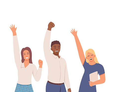 Female and man rejoices together. Happy students exult. Team celebrates victory. Successful completion of group task. Department receives remuneration for work. Flat vector illustration