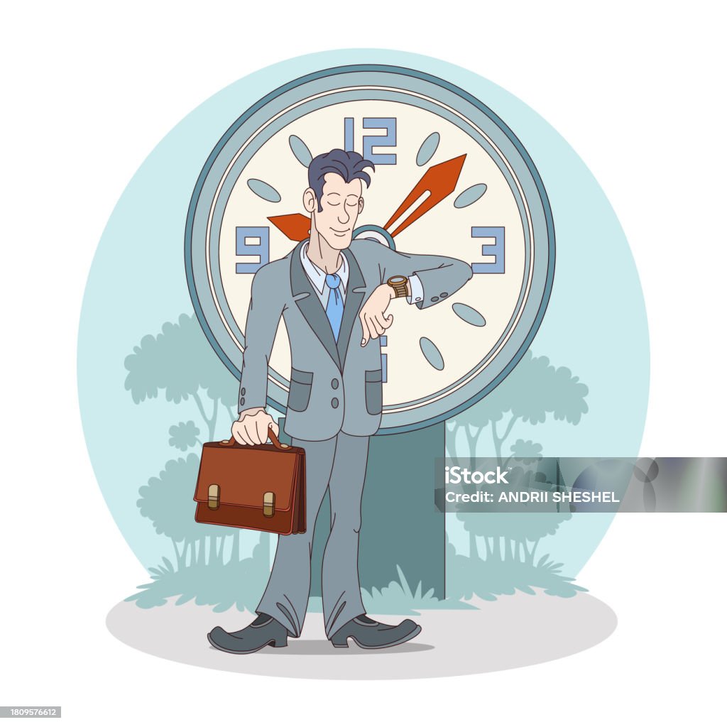 Time Going Vector Male With Briefcase Checking Time Going To Work Time Management Concept ...
