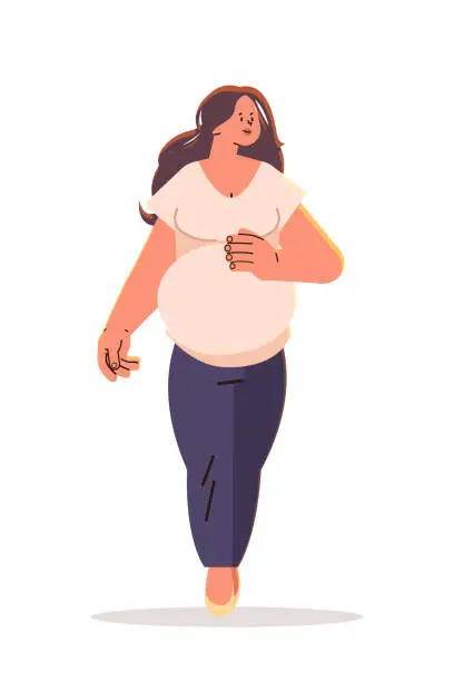 Vector illustration of happy pregnant woman future mom hugging belly with arms pregnancy motherhood expectation concept vertical