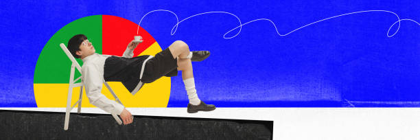 istock Contemporary art collage. Young man. Lying on chair and drinking coffee. Modern bright design. Negative space for ad, text. 1809590906