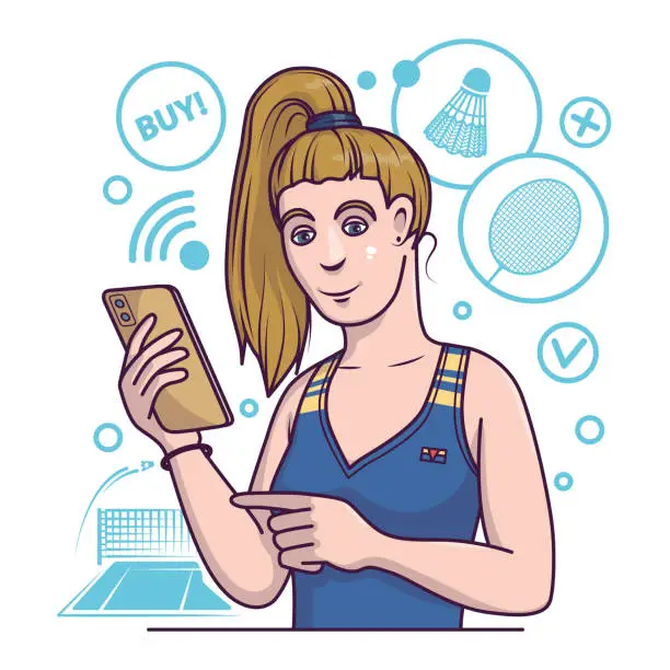 Vector illustration of Young female looking for sports equipment for tennis. Bayer ordering goods via smartphone