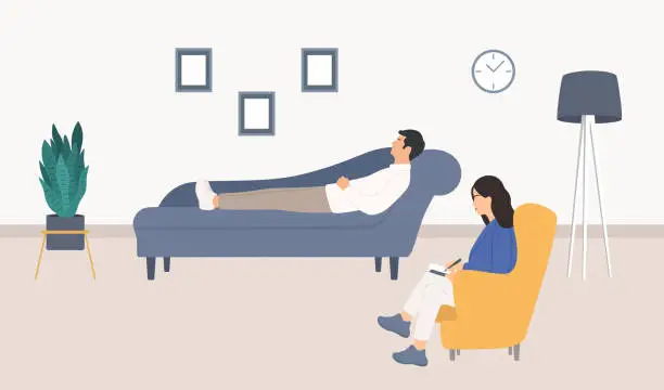 Vector illustration of Psychologist Office With Young Man Lying On Couch And Talking With Psychologist About His Problems. Female Psychologist Sitting In Armchair, Listening Patient And Taking Notes. Psychotherapy Counseling And Mental Health Concept