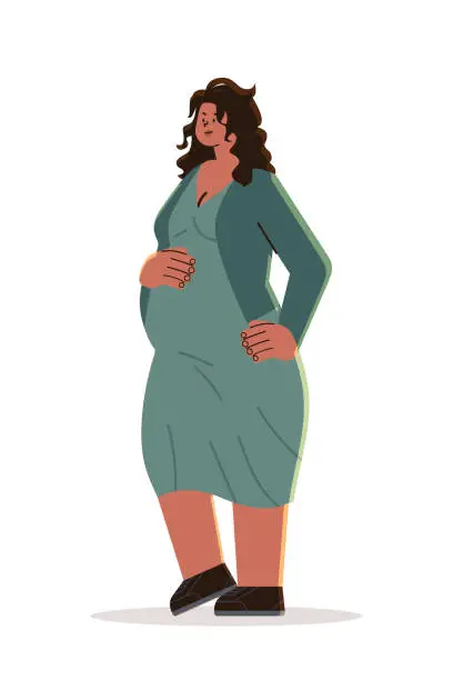 Vector illustration of happy pregnant woman future mom hugging belly with arms pregnancy motherhood expectation concept vertical