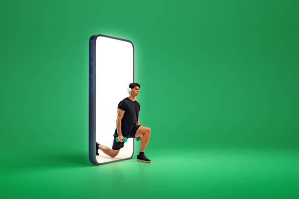istock Creative collage with photo and 3d model phone. Young man doing exercises with dumbbells against green background. 3D rendering. 1809593641