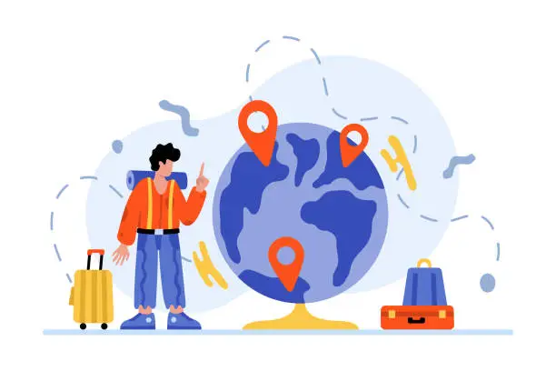 Vector illustration of Man with trolley bag standing near planet and ready for travel