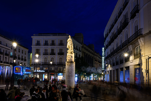 Madrid, Spain - Oct 29, 2023: Puerta del Sol is bustling late at night.