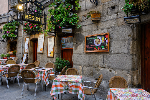 Madrid, Spain - Oct 27, 2023: There are many small restaurants on the downtown area streets of Madrid.