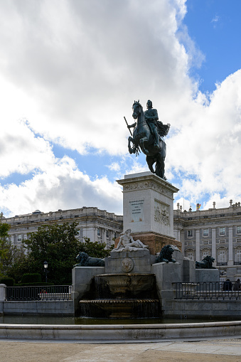 Madrid, Spain - Oct 28, 2023: The Plaza de Oriente in front of Teatro Real, or Royal Theatre