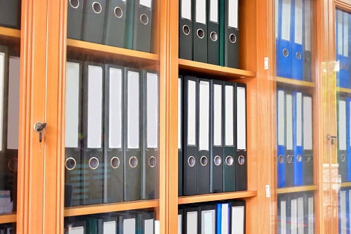 An office binders cabinet that holds a large number of binders in an office, soft and selective focus on document binders.