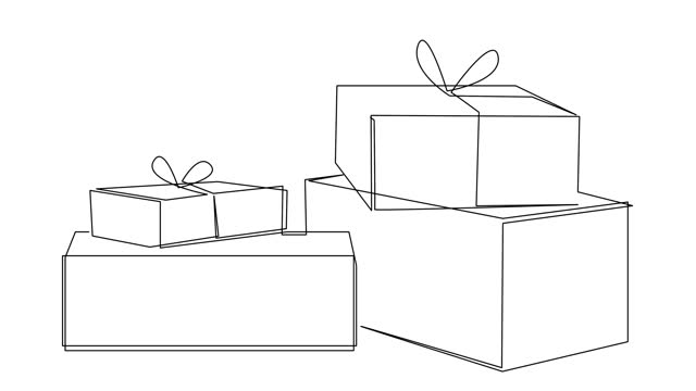Self drawing simple animation of gift boxes tied with ribbon drawn with a continuous one line.