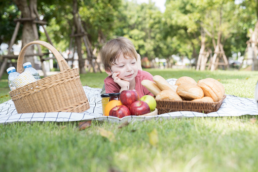 Little toddler boy laying and playing outdoor in the park. Holiday and picnic concept