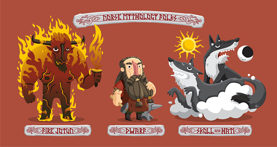 Norse mythology characters set: a fire jotun with his flaming sword, a dwarf with his anvil and hammer and the wolves Skoll and Hati chasing the Moon and Sun.