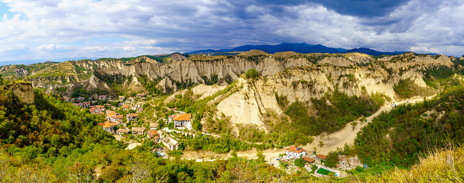 Panoramic view of the Sandstone Pyramids landscape, and Melnik town, in the Pirin Mountains, southern Bulgaria