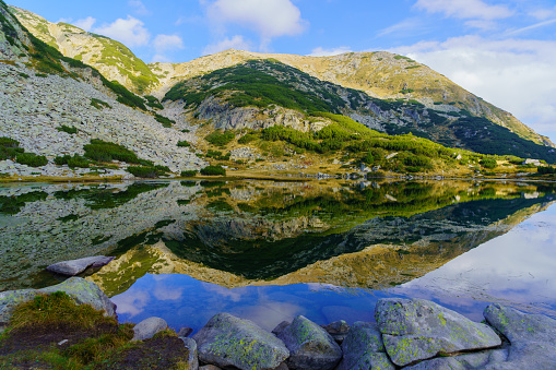 View of mountain landscape and Muratovo Lake, in Pirin National Park, in southwestern Bulgaria