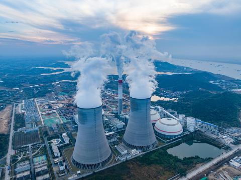 Aerial photography of cooling towers in thermal power plants