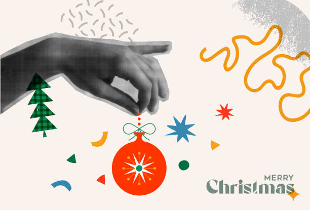 하프 톤 콜라주 복고풍 스타일 일러스트 레이 션에서 크리스마스 공 장식을 들고 인간의 손 - new year human hand human finger expressing positivity stock illustrations