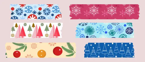 Vector illustration of Christmas washi tape strips. Holiday stickers, adhesive tapes.