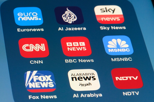 Shanghai,China-Nov. 22nd 2023: BBC NEWS, CNN, MSNBC, Euronews, Al Jazeera, Sky News, Fox News, Al Arabiya app icon, NDTV. Assorted news TV channel brand logos