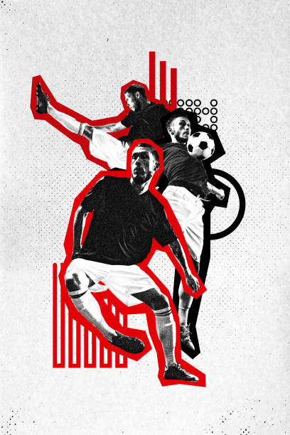 istock Contemporary art collage. Professional football player with bright silhouette training before match against white background in paper filter. 1809638334